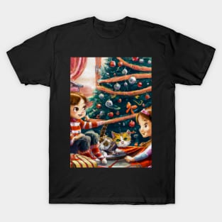 Siblings and Cat on Christmas Morning T-Shirt